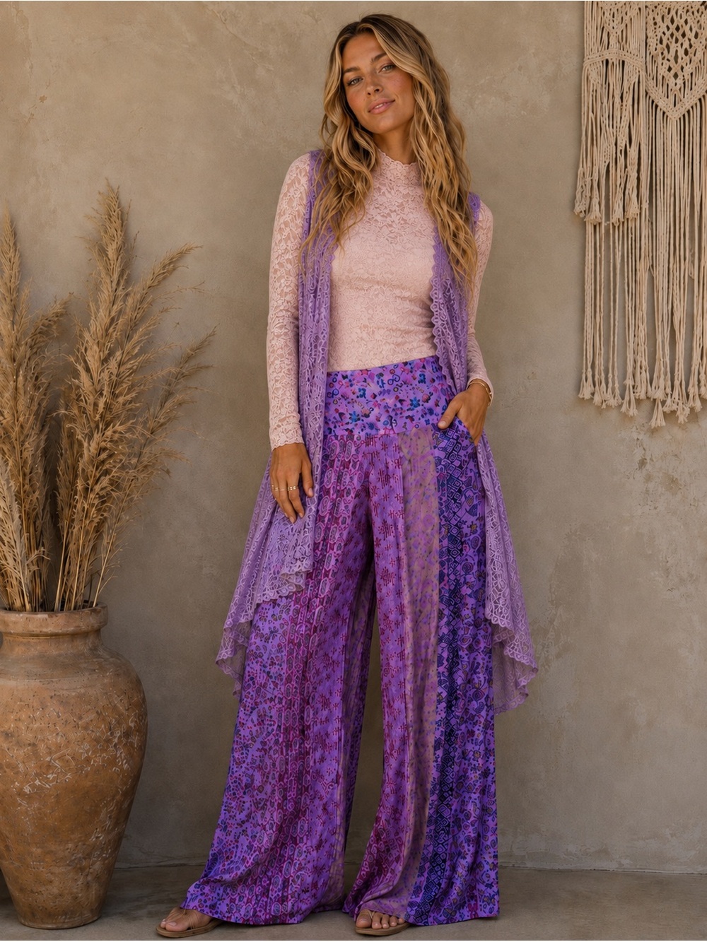 Jaded Gypsy L/XL Purple Patchwork Floral Wide-Leg Pants